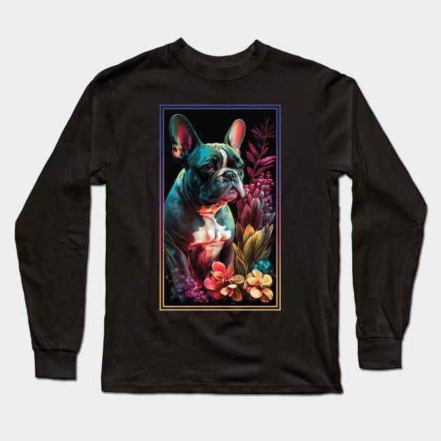 French Bulldog Dog Vibrant Tropical Flower Tall Digital Oil Painting Portrait 2 Long Sleeve T-Shirt by ArtHouseFlunky